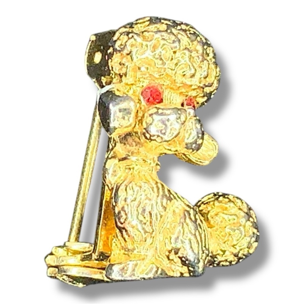Vintage Celebrity NY Gold Poodle Brooch Red Rhinestone Rockabilly Retro Pinup